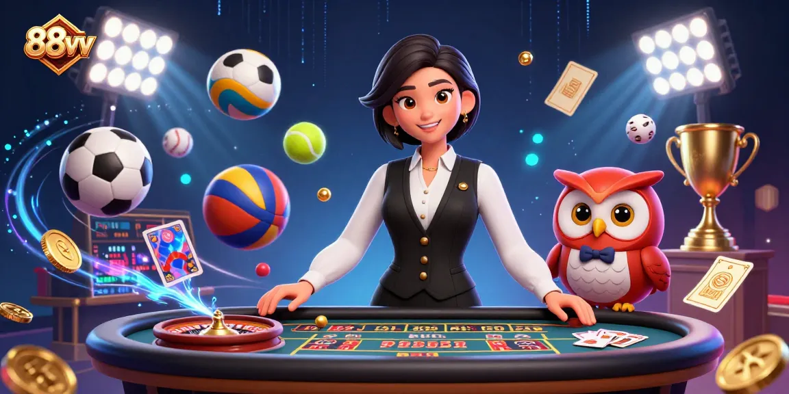 Experience a thrilling baccarat game with 88vv's elegant dealer and vibrant casino elements.