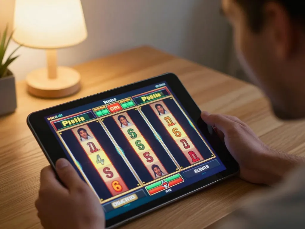 Engaging in a thrilling slot game on dn88, showcasing vibrant reels and excitement at home.