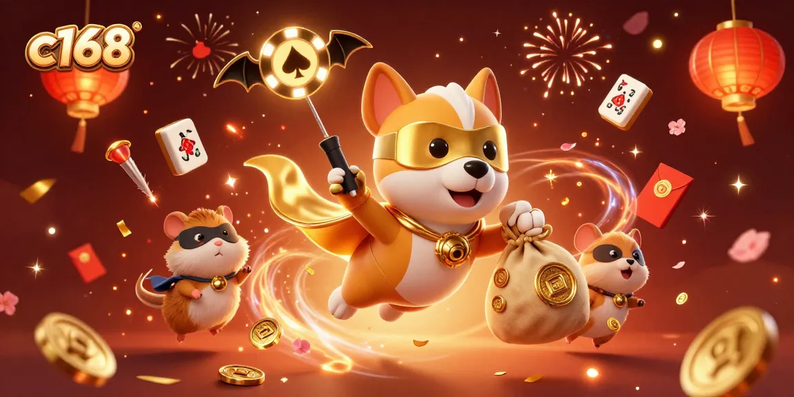 Experience the thrill of c168 with a vibrant cartoon illustration featuring a superhero dog and luck-themed elements.