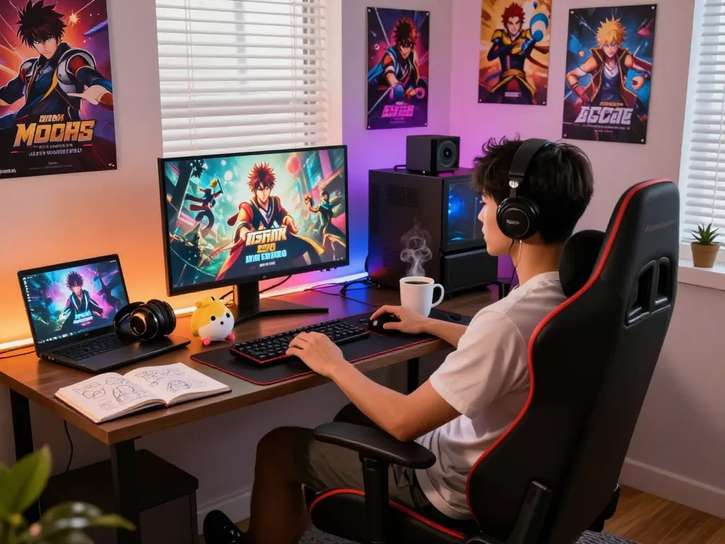 Engaging gamer enjoying a porn game online in a cozy, colorful room with LED lights.