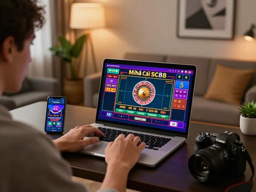 Player engaging in strategic gameplay at Nhà Cái SC88 online casino on a laptop, showcasing roulette excitement.