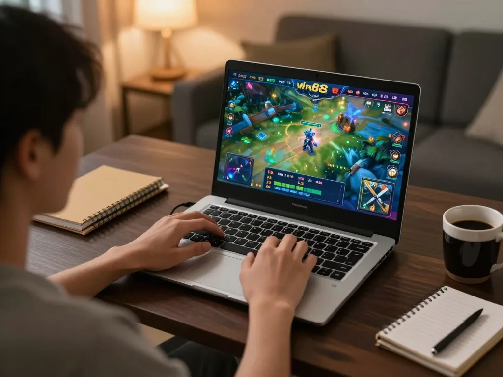 Engaging in a win88 game on a laptop from a cozy home setup, showcasing strategic online gambling action