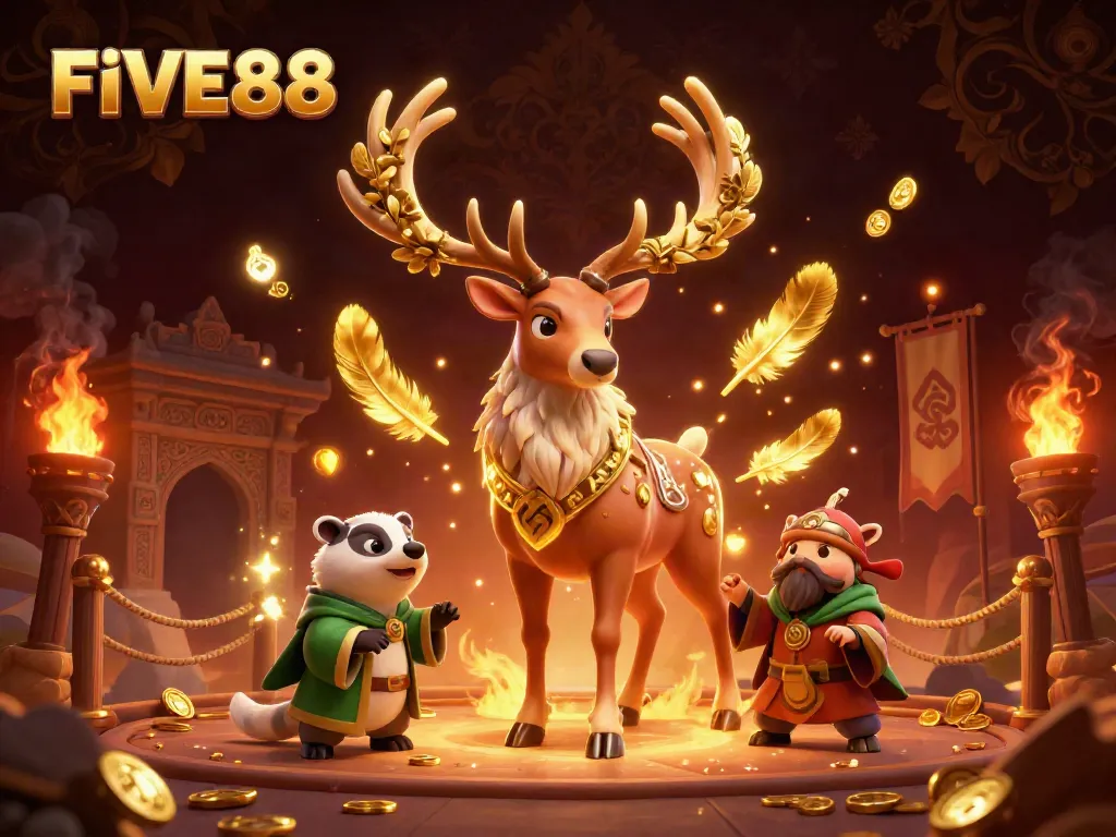 Engage with the vibrant FIVE88 casino atmosphere featuring druid stag, badger, and captivating gaming elements.