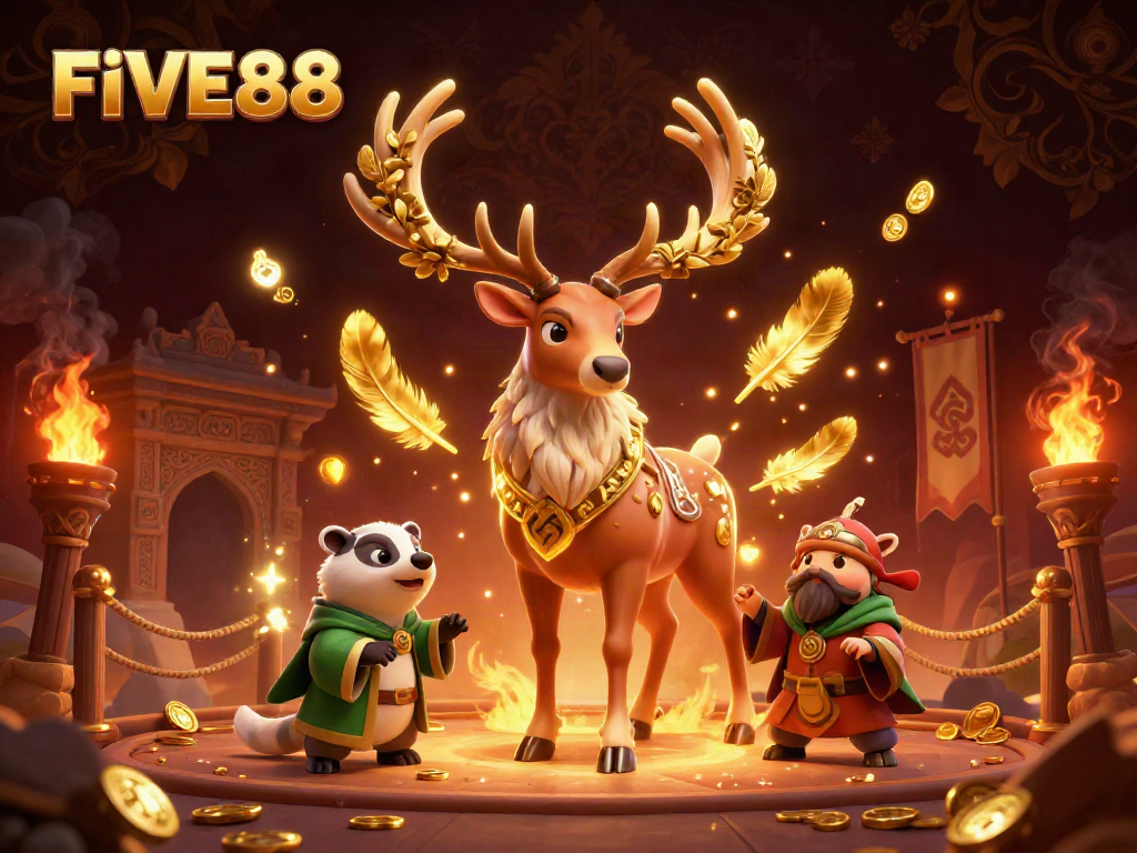 Engage with the vibrant FIVE88 casino atmosphere featuring druid stag, badger, and captivating gaming elements.