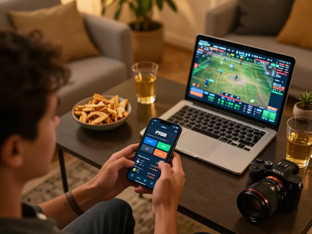 Engaged player using the F168 app for online sports betting during a cozy home session.