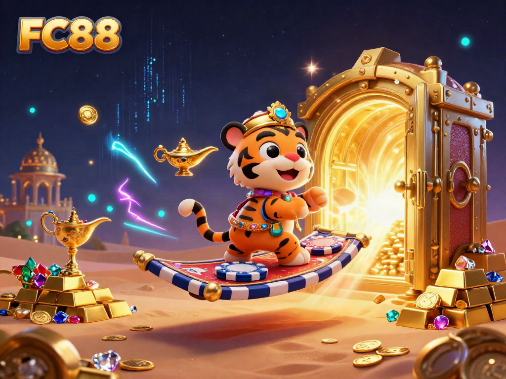 Engage with FC88's vibrant 3D casino scene featuring a sultan on a magic carpet surrounded by luxurious gambling treasures.