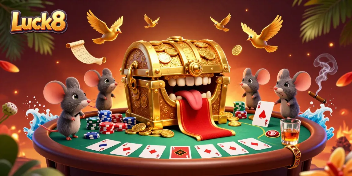 Experience thrilling poker adventures and rewards at Luck8 Casino with an engaging 3D illustration.