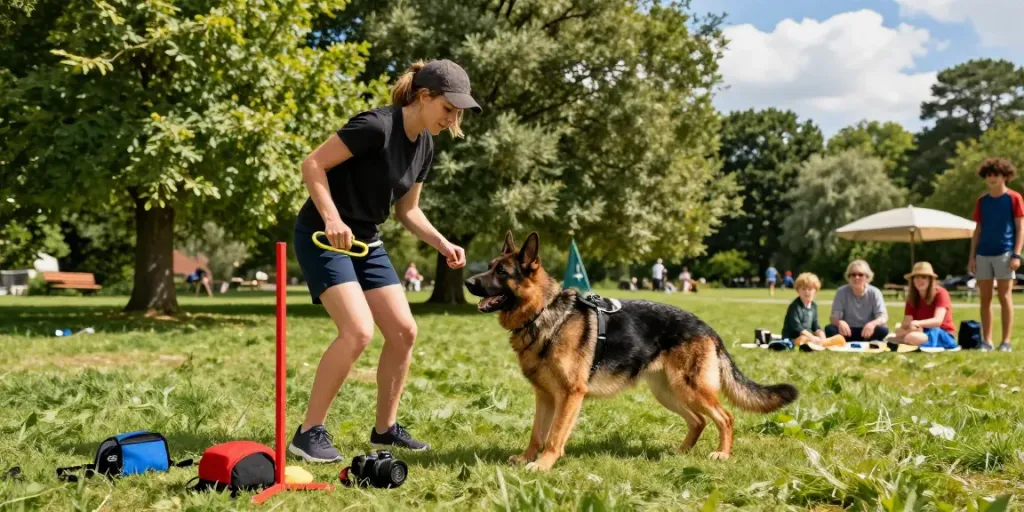 ROKOK88 gear for dog training in a park with a trainer and German Shepherd enhancing pet care experience