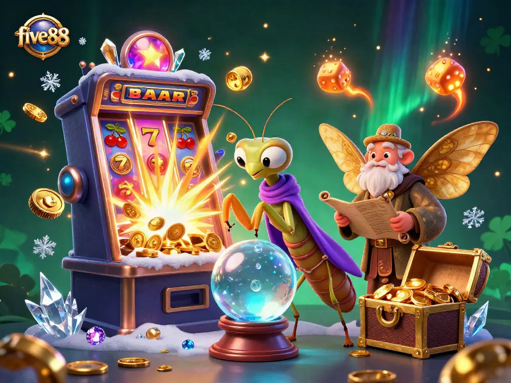Experience the excitement of five88 with a vibrant casino scene featuring fortune teller and moth librarian.