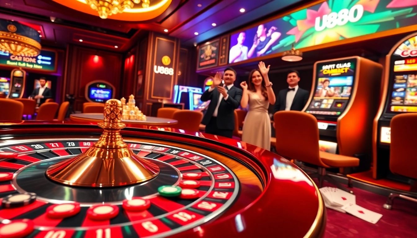 U888 offers a thrilling casino experience with players engaging at roulette and vibrant digital betting.