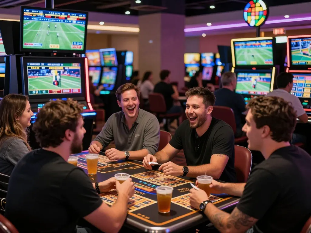 Engaged bettors placing wagers at the UU88 sports betting area, celebrating exciting wins.