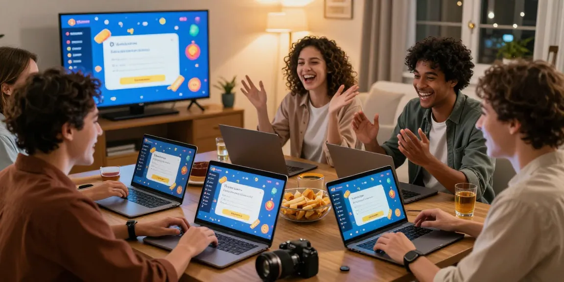 Group of friends enjoying a Quiz Allgemeinwissen game online, showcasing interaction and excitement.