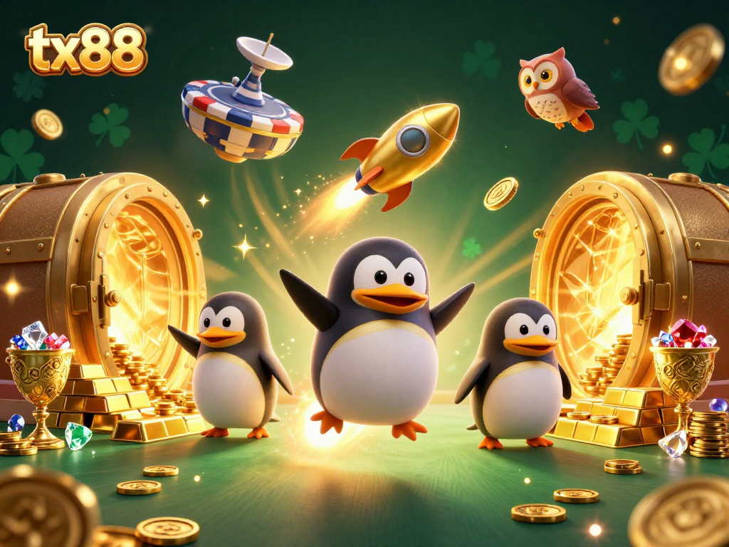 Experience the thrilling chase of tx88's golden penguin towards a poker chip space station in this vibrant illustration.