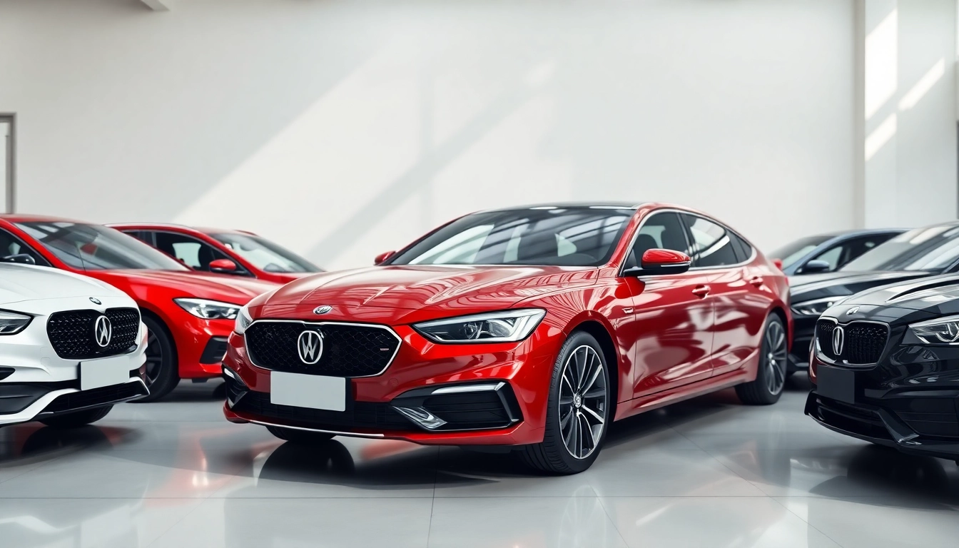 Auto kaufen in einer modernen Autoshow. Vielfältige Fahrzeugauswahl im Vordergrund.