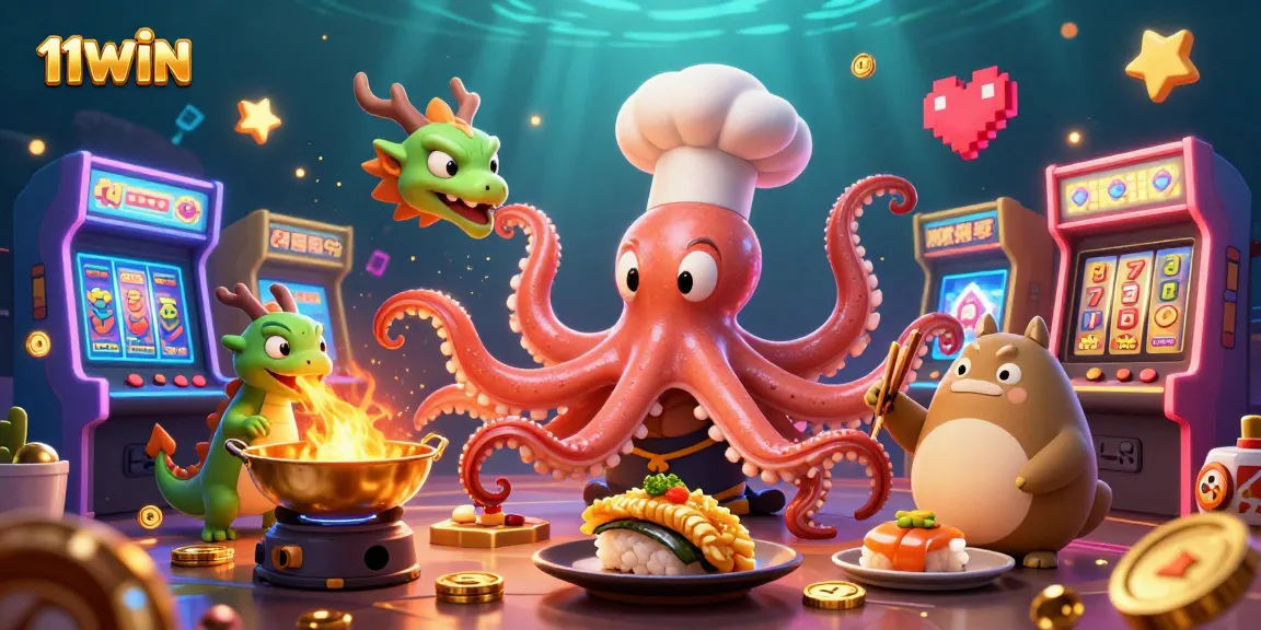 Experience the excitement of 11WIN casino with a dynamic scene of characters and colorful game elements.
