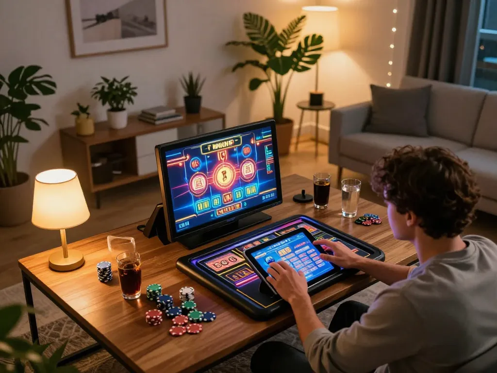 Engaging online gaming experience at Nhà cái V9BET with player enjoying slots on tablet