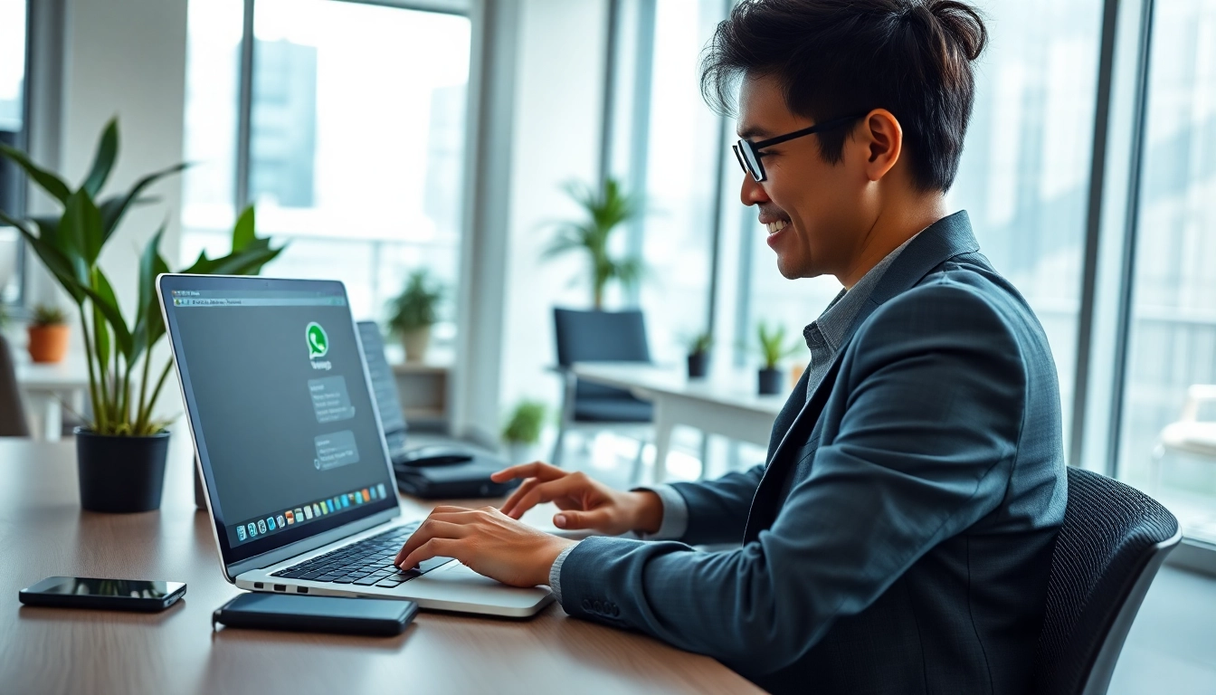 Using WhatsApp网页版 on a laptop in a modern office for seamless communication.