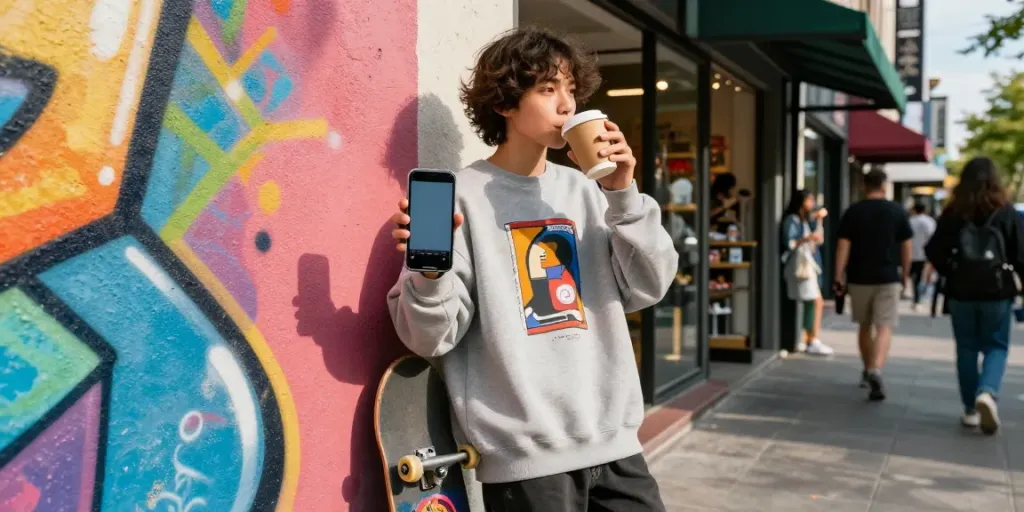 Youth showcasing rokok88 streetwear style with skateboard against graffiti wall.