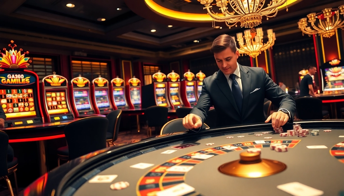 Engaging gamblers at a luxurious casino showcasing gg88 media with vibrant roulette and poker activities.