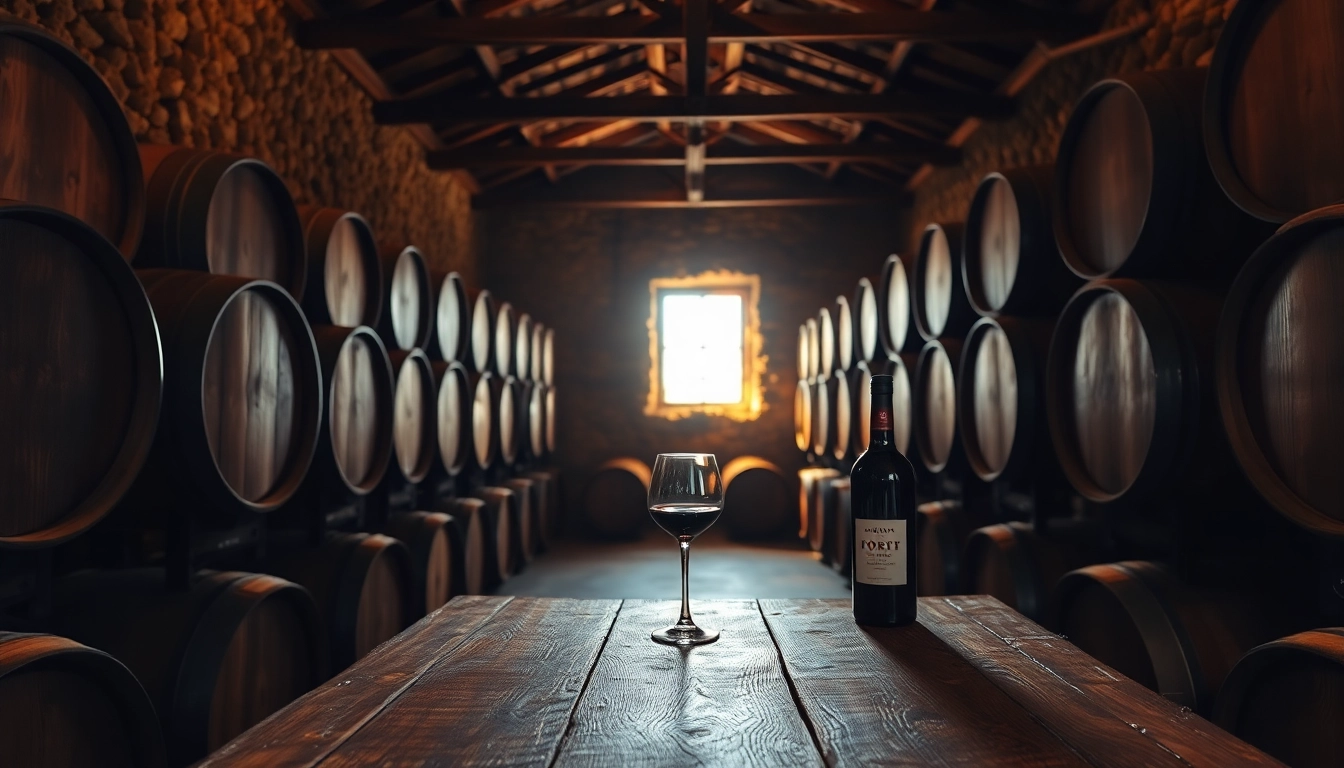 Portweinkeller Porto mit Fässern und einem klassischen Weinglas bereit zum Genießen