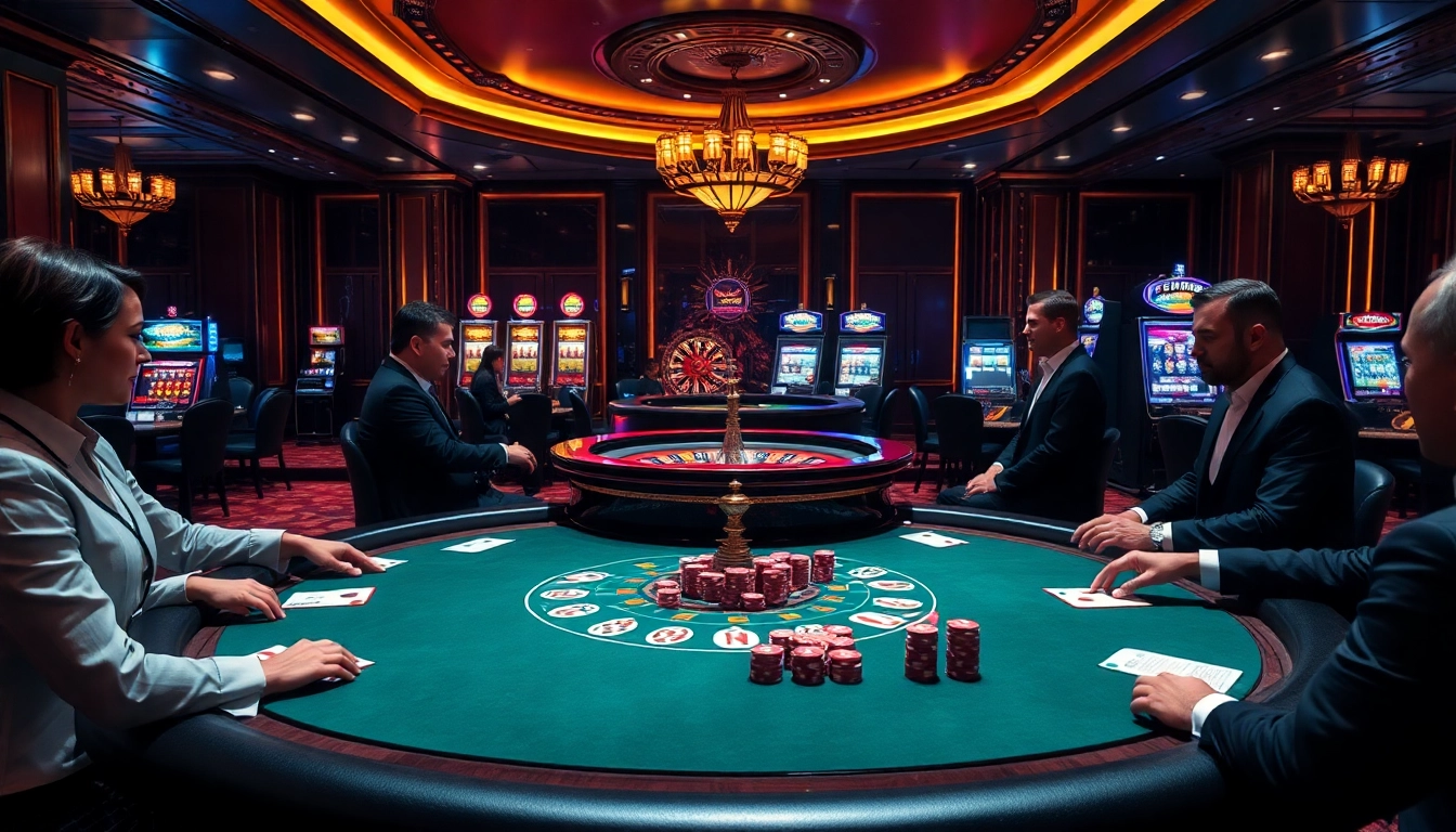 Winning at a vibrant hit club casino with players enjoying poker and roulette.