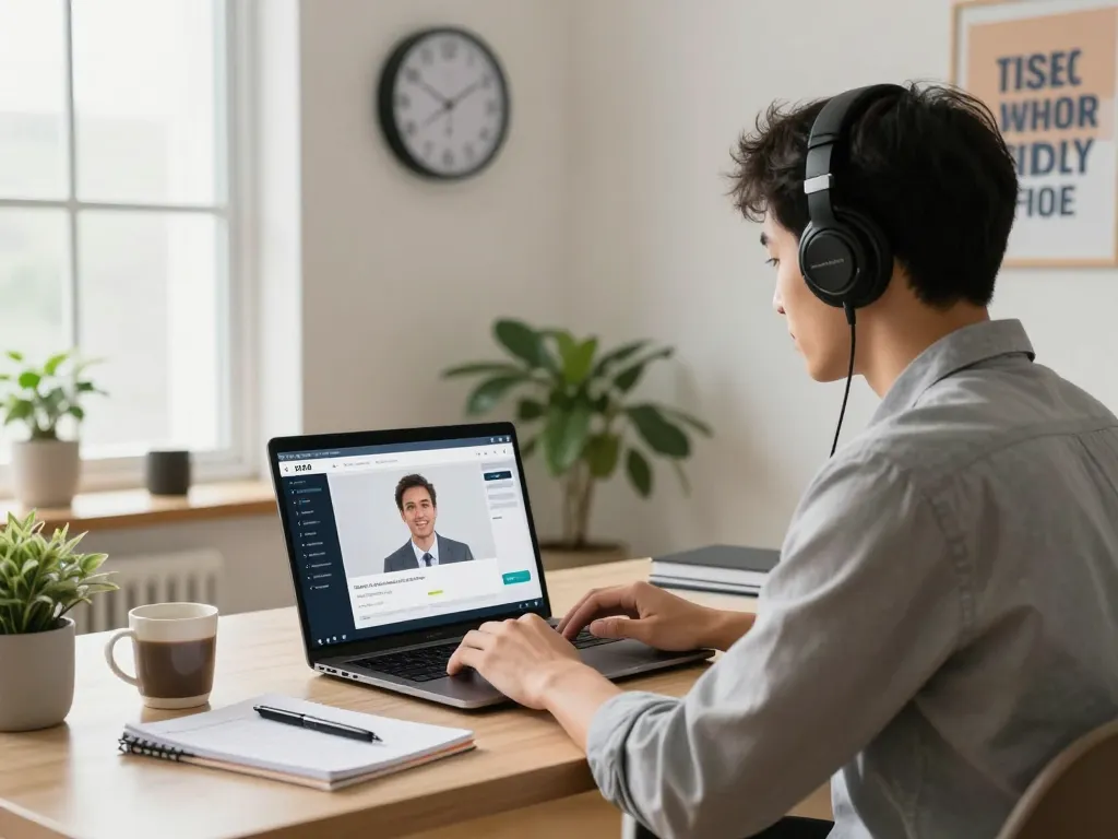 AI interview preparation scene with a job seeker using advanced software for practice.
