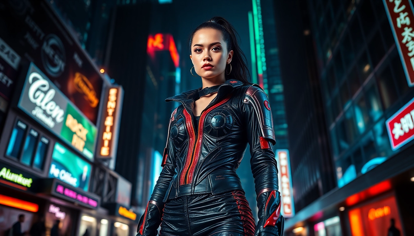Tragen Sie cyberpunk clothing mit einzigartigen Designs und lebendigen Farben in einem futuristischen Stadtszenario.