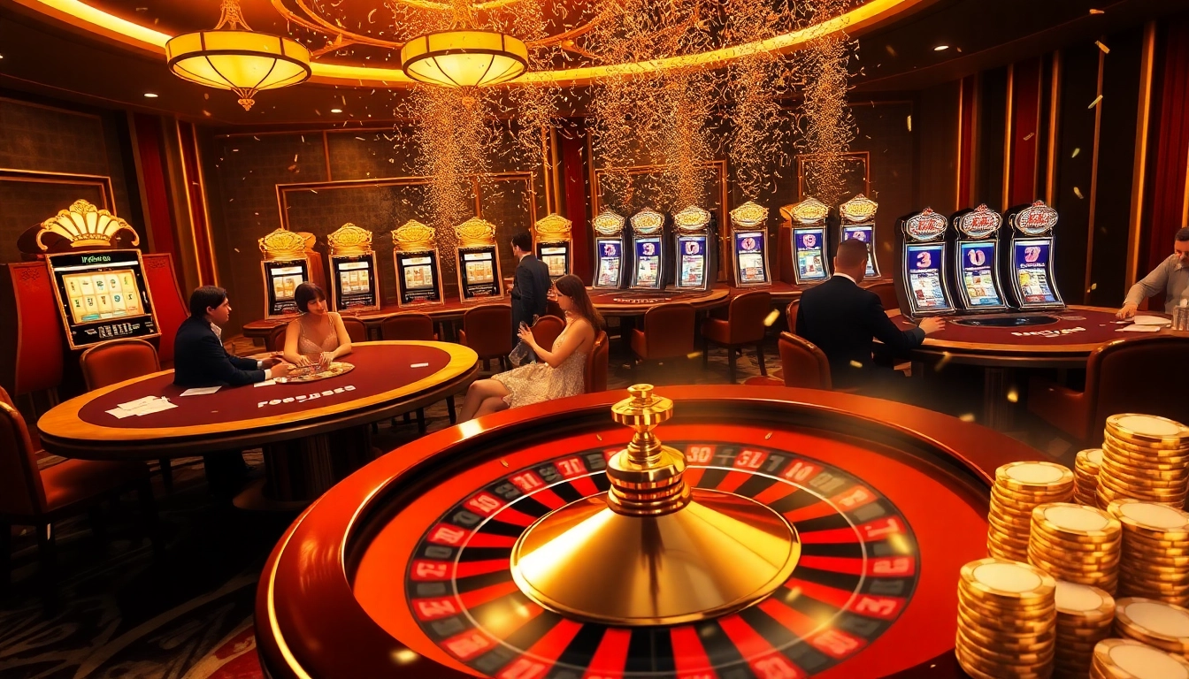 SKY88 players engaging in high-stakes poker at a luxurious casino with vibrant lights and roulette wheel.
