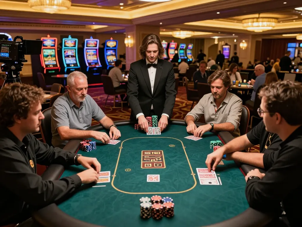 Players strategize at a high-stakes poker table in Vegas casino, showcasing da88 excitement and skill.