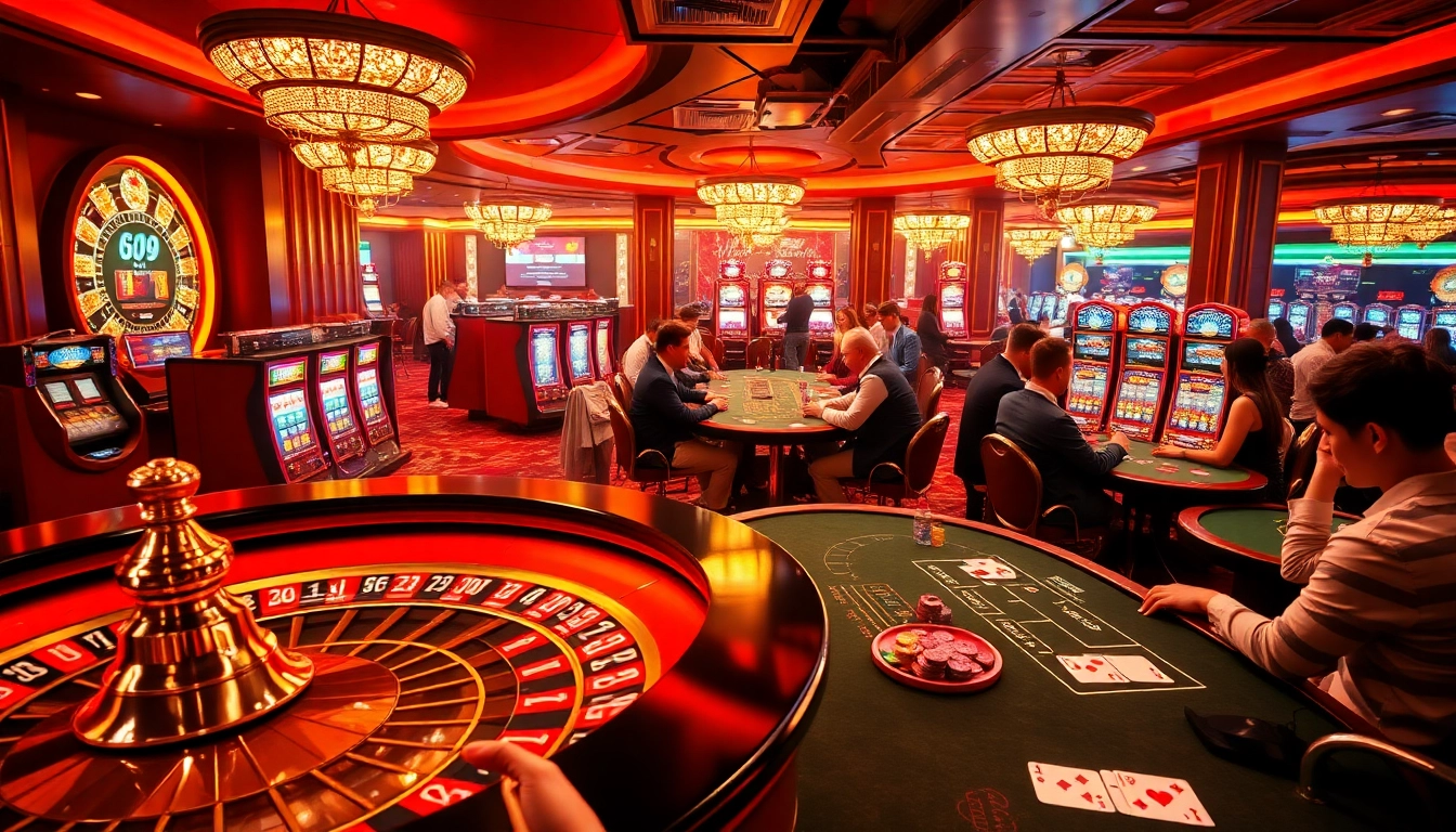 Gamblers enjoying the excitement of Go99 casino games at luxurious tables and machines.