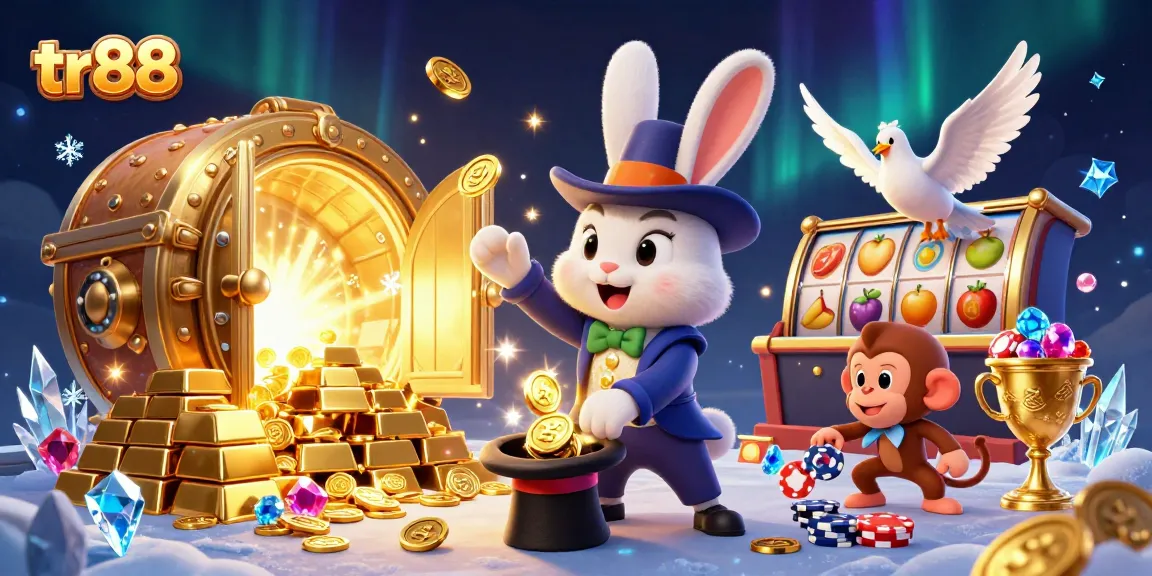 Win big at tr88 with a vibrant casino scene featuring exciting characters and golden treasures.