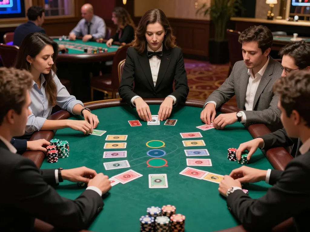 Plagiat scannen as players strategize during an intense blackjack game in a luxurious casino setting