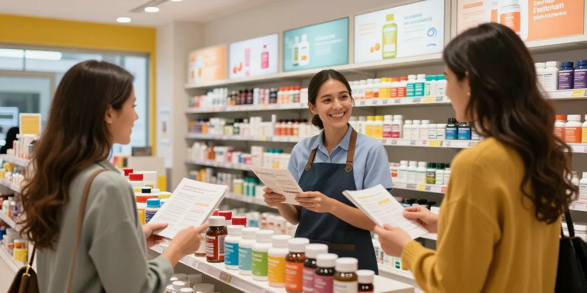 Kunde erkundet Produkte im Medi Pharma Shop, lebendige Gesundheits- und Wellness-Ausstellung.
