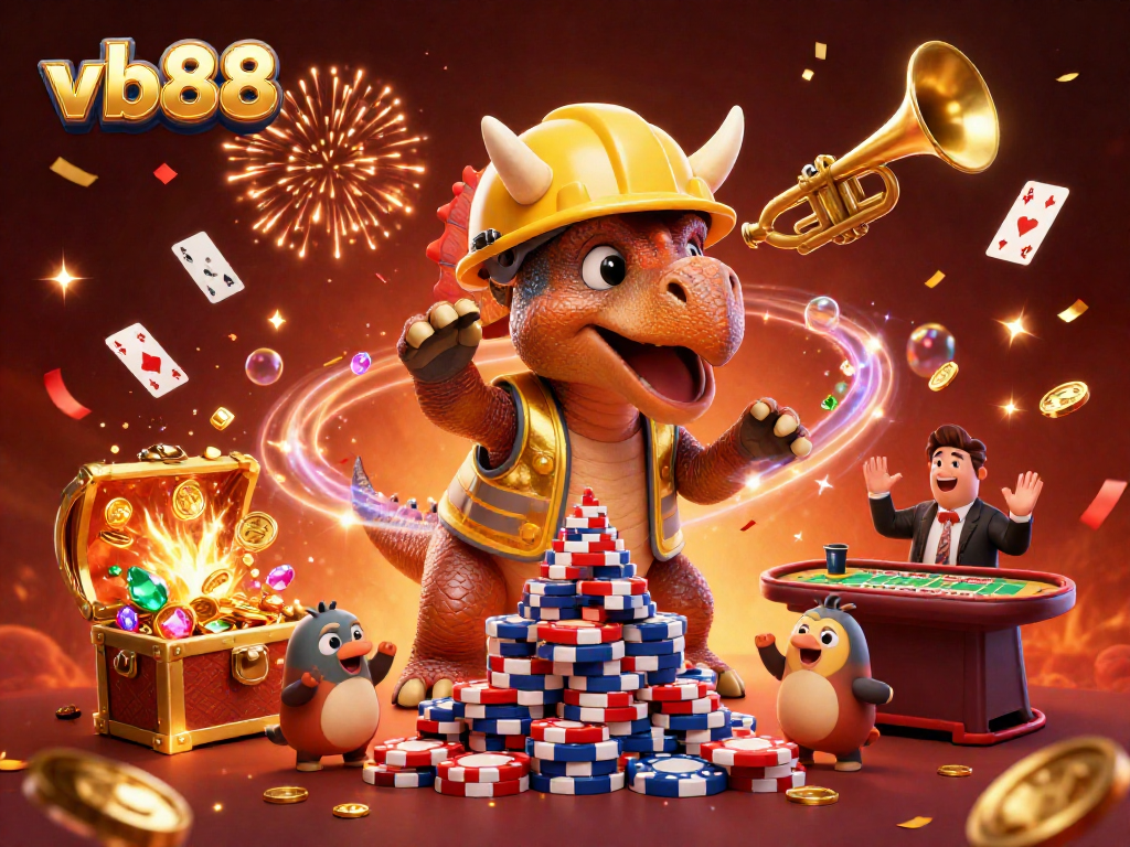Engage with vb88's vibrant casino scene featuring a triceratops, poker chips, and celebrating characters.