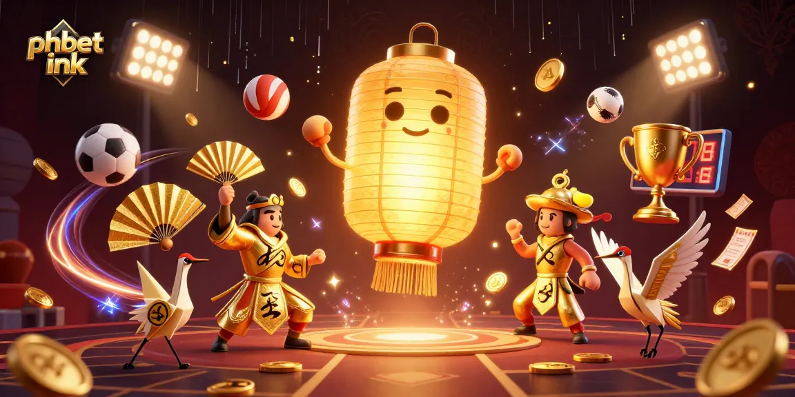 Experience the excitement of phbet ink with a dynamic illustration of whimsical casino elements and sports, including lanterns and warriors.