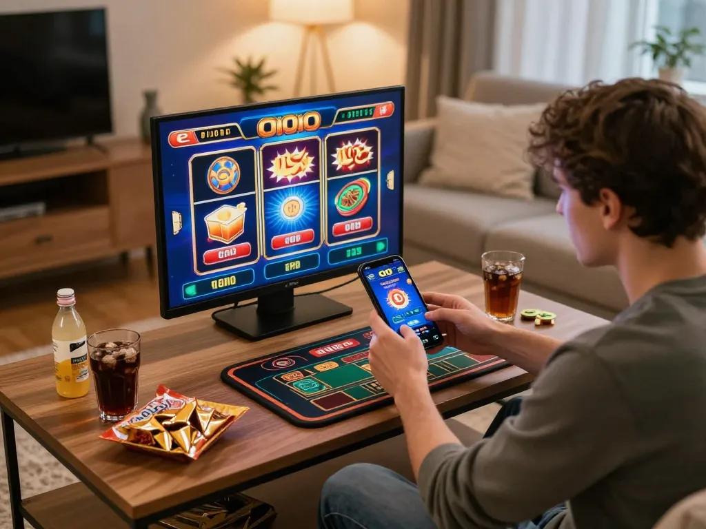 O8 mobile app user engaged in responsible gambling while enjoying a comfortable home setting.