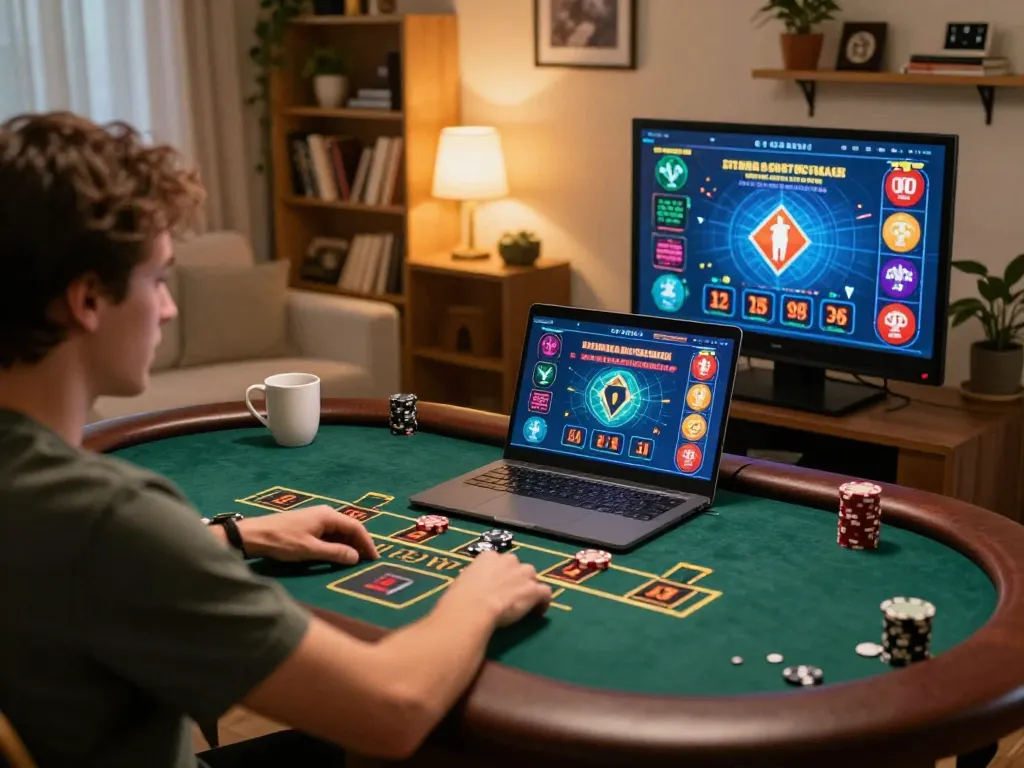 Player enjoying TT88 blackjack game on laptop with warm ambient lighting in cozy home