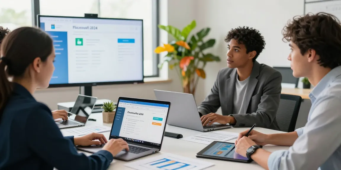 Professionelle Teamdiskussion zur Büro 2024 Professional Lizenz direkt herunterladen mit Laptops und Präsentationen.