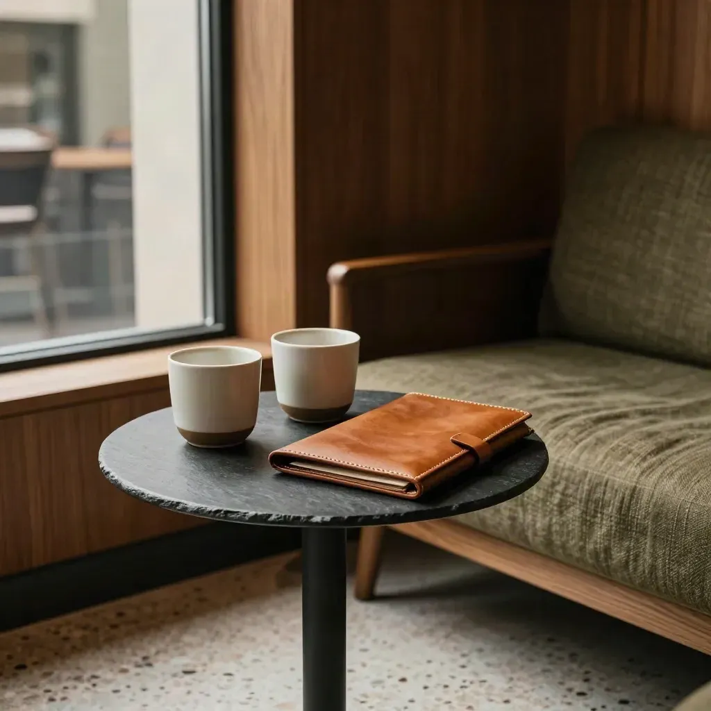 Ruhige Lounge-Ecke mit Tassen und geschlossenem Portfolio für ein Partnergespräch