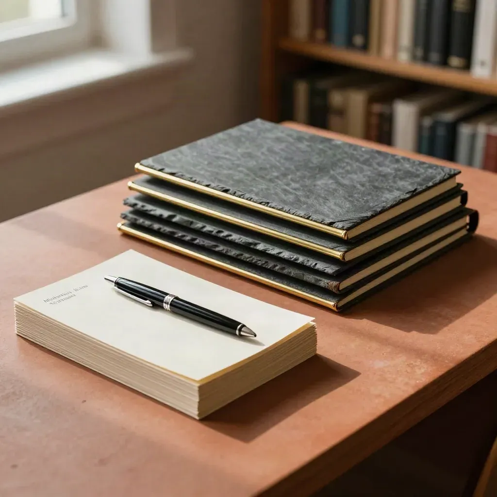 Monatsbegleitung mit Karten, Notizbuch und Ordnern auf terrakottafarbenem Arbeitsuntergrund.