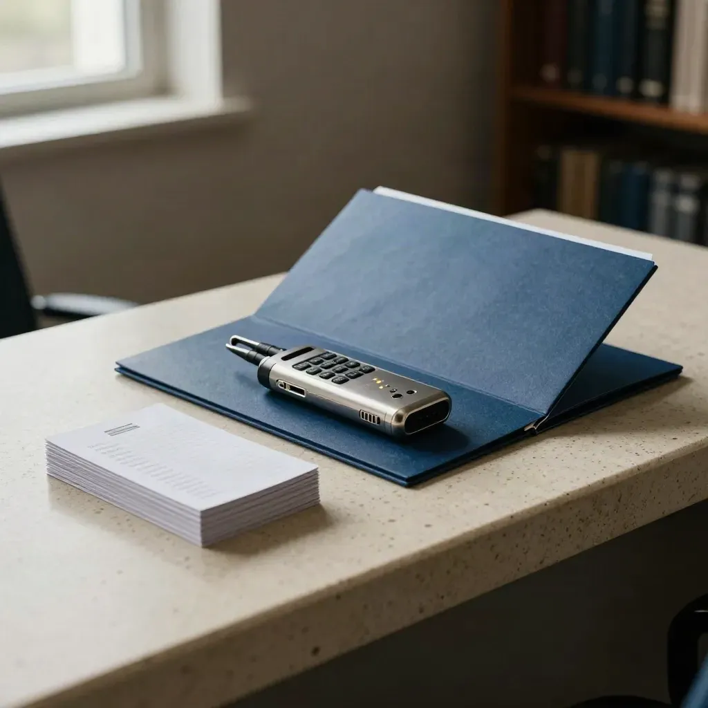 Pressemappe, Audiorecorder und Profilkarten auf Travertin mit hellem Bürolicht.