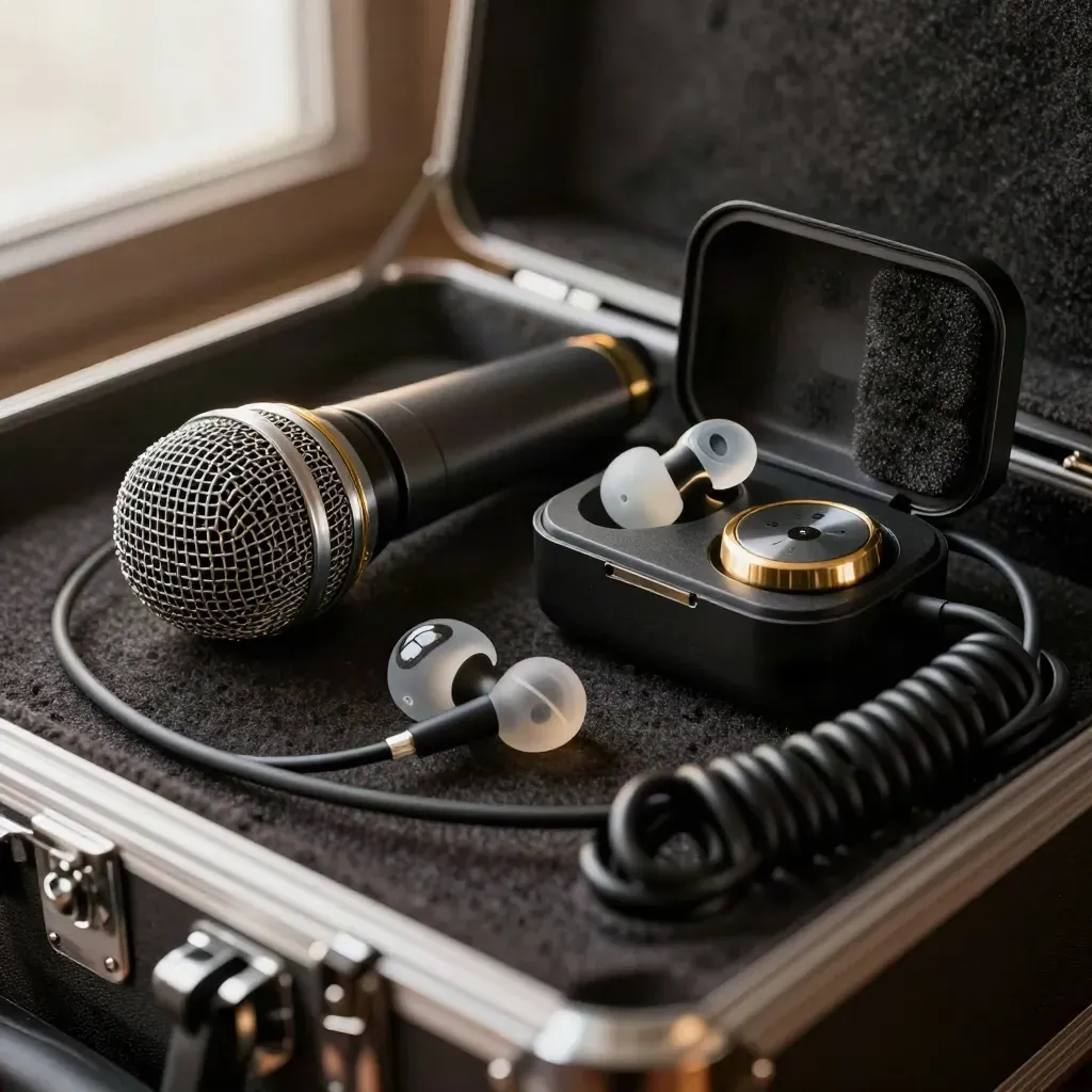 Dramatisches Stillleben mit Mikrofonkapsel, In-Ear-Case und Kabel auf dunklem Filz.