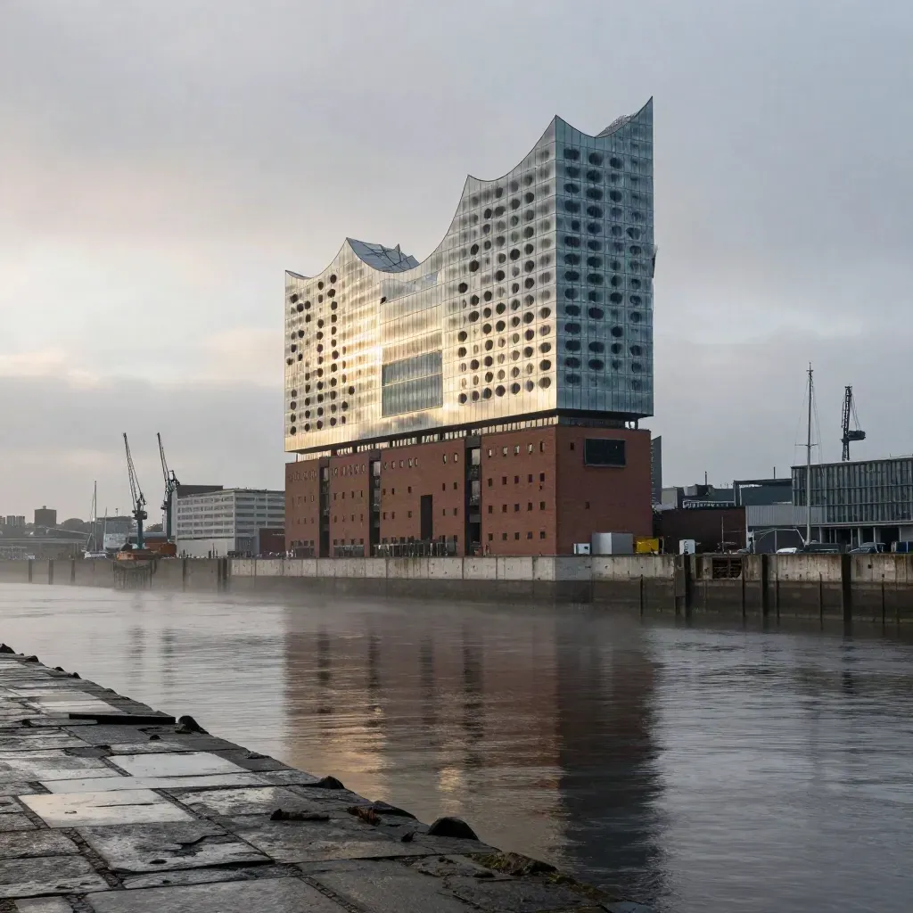 Hamburger Hafen mit Elbphilharmonie, nassem Kai und ruhigem Wasser im Abendlicht