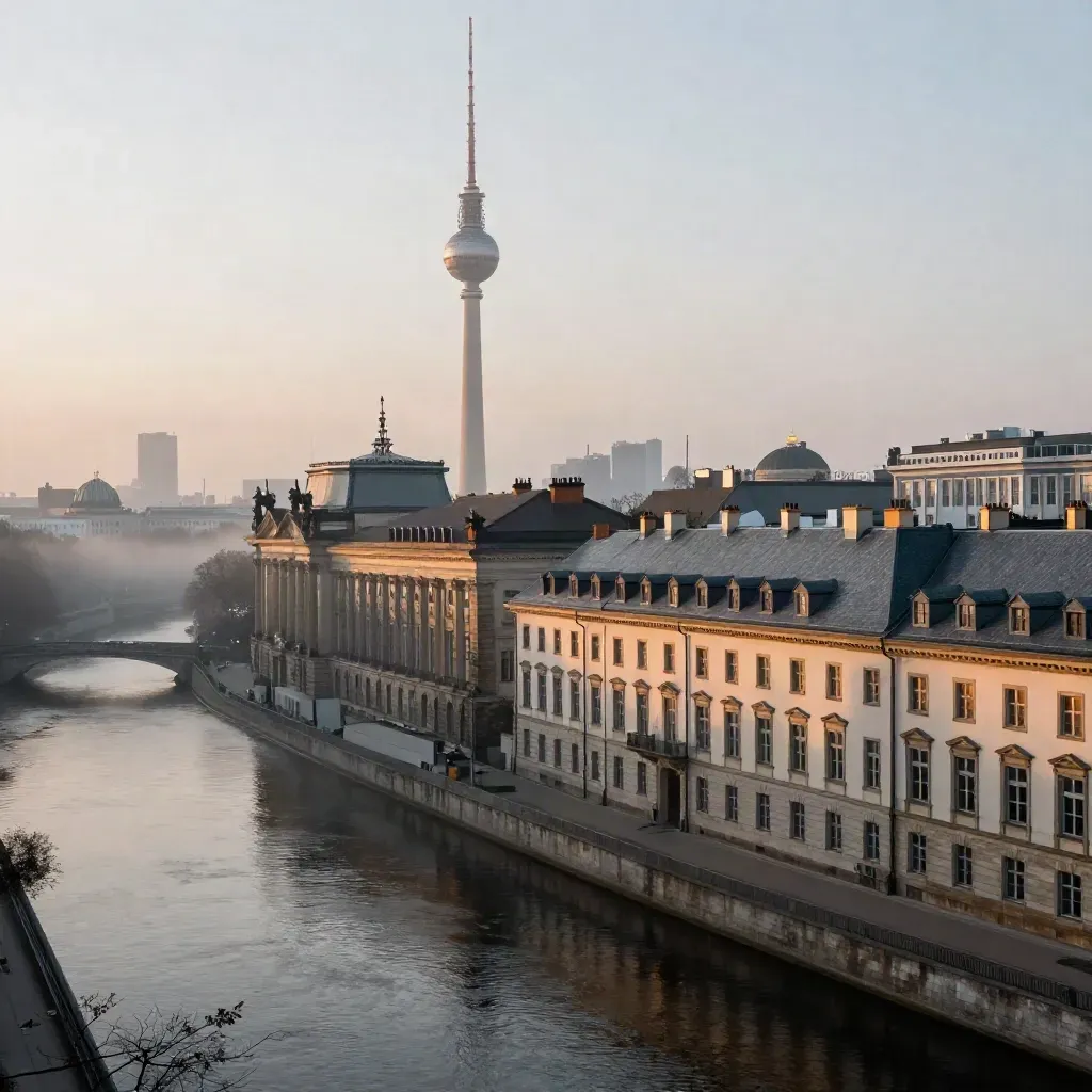 Berlins TV-Turm über der Spree im Morgennebel, ruhige Dächer und Wasser im Goldlicht