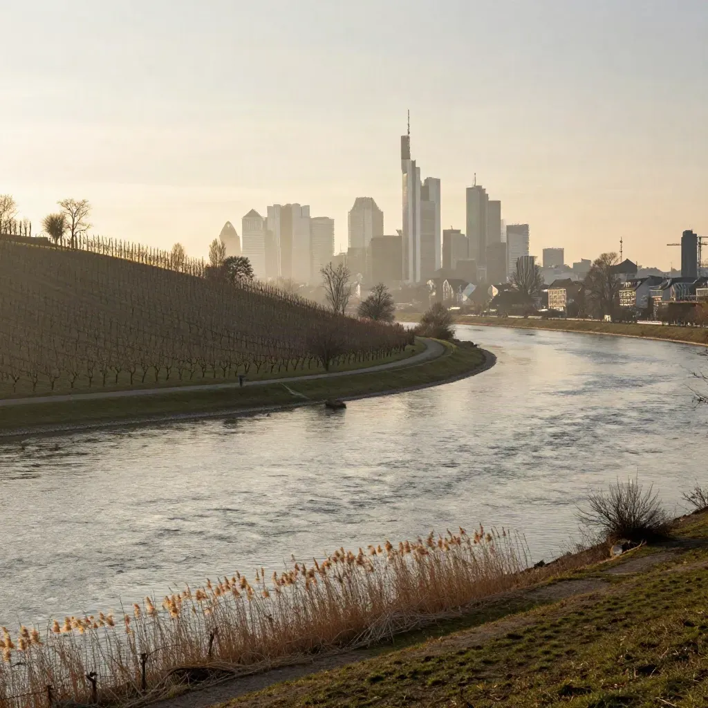 Frankfurter Skyline über dem Main bei Dunst und Weinberg im warmen Abendlicht.