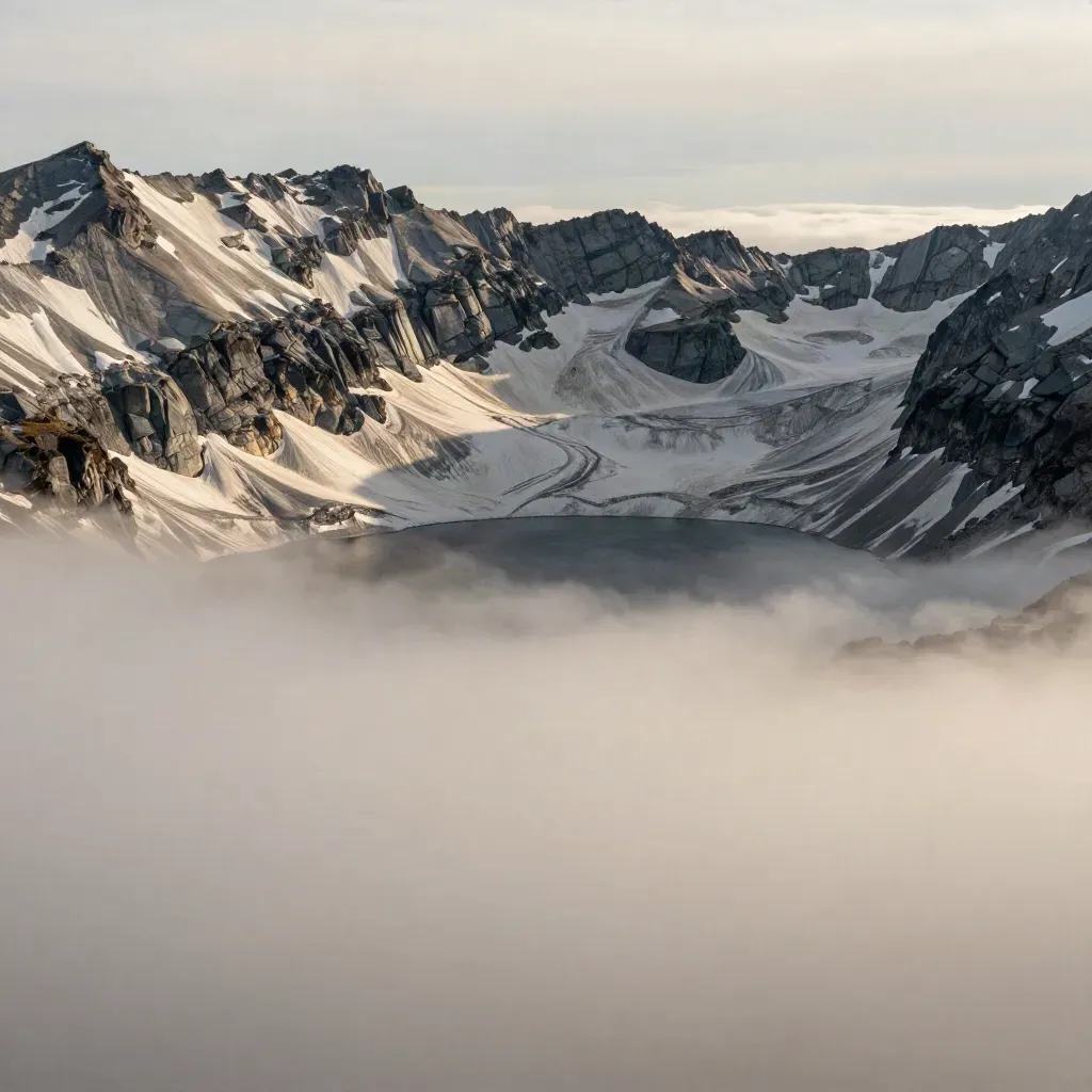 Alpines Becken mit Gletschersee, Schneefeldern und Wolkenmeer im weichen Licht