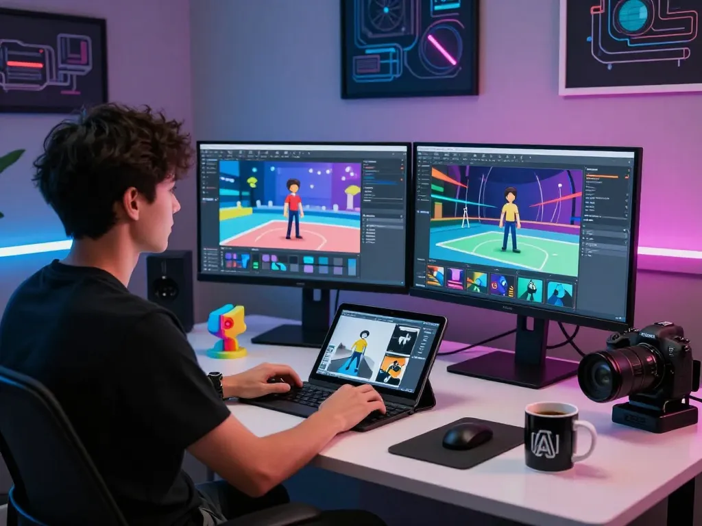 Dynamic workspace showcasing a professional using motion ai software for advanced video creation, featuring dual screens with animated graphics.