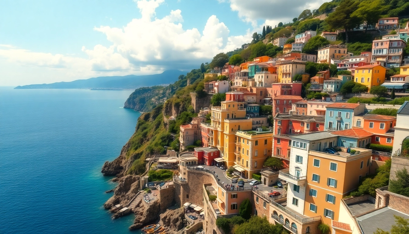 Erleben Sie die malerische Küstenlinie von Sorrento Italien mit bunten Klippengebäuden.