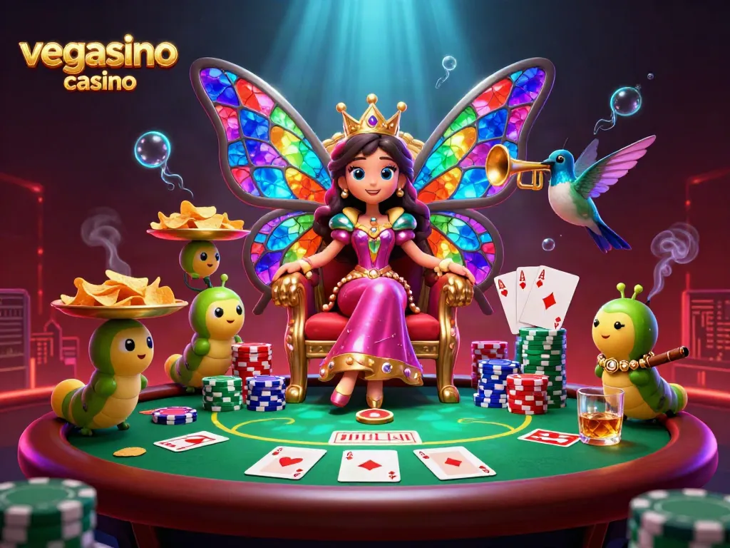 Experience the thrill of the vegasino casino with a vibrant poker scene featuring a whimsical butterfly queen.
