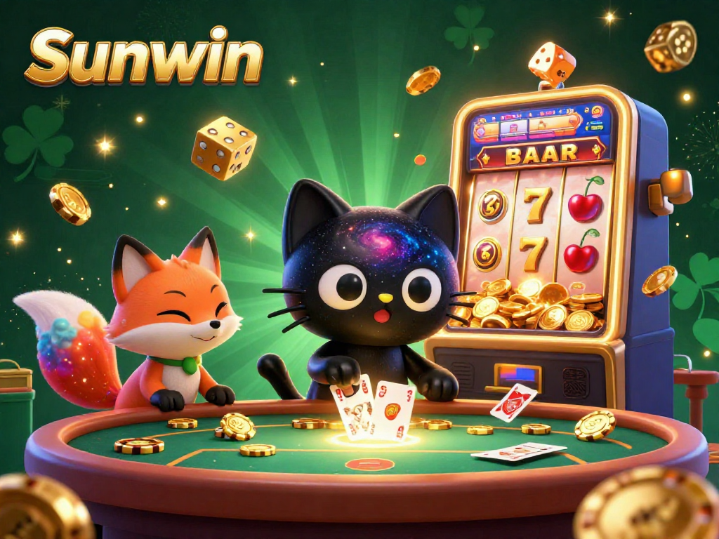Experience thrilling gameplay at the Sunwin casino with dynamic illustrations capturing blackjack, slots, and jackpots.